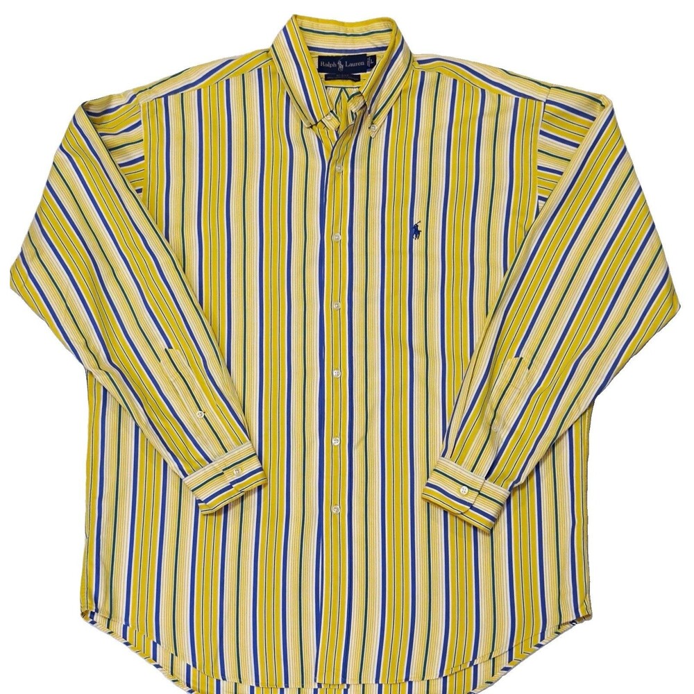 Vintage 90s Polo Ralph Lauren Blake Striped Shirt Mens L Yellow Oversized Retro